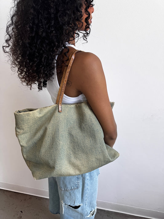 Fendi Washed Denim Tote w/Python Strap