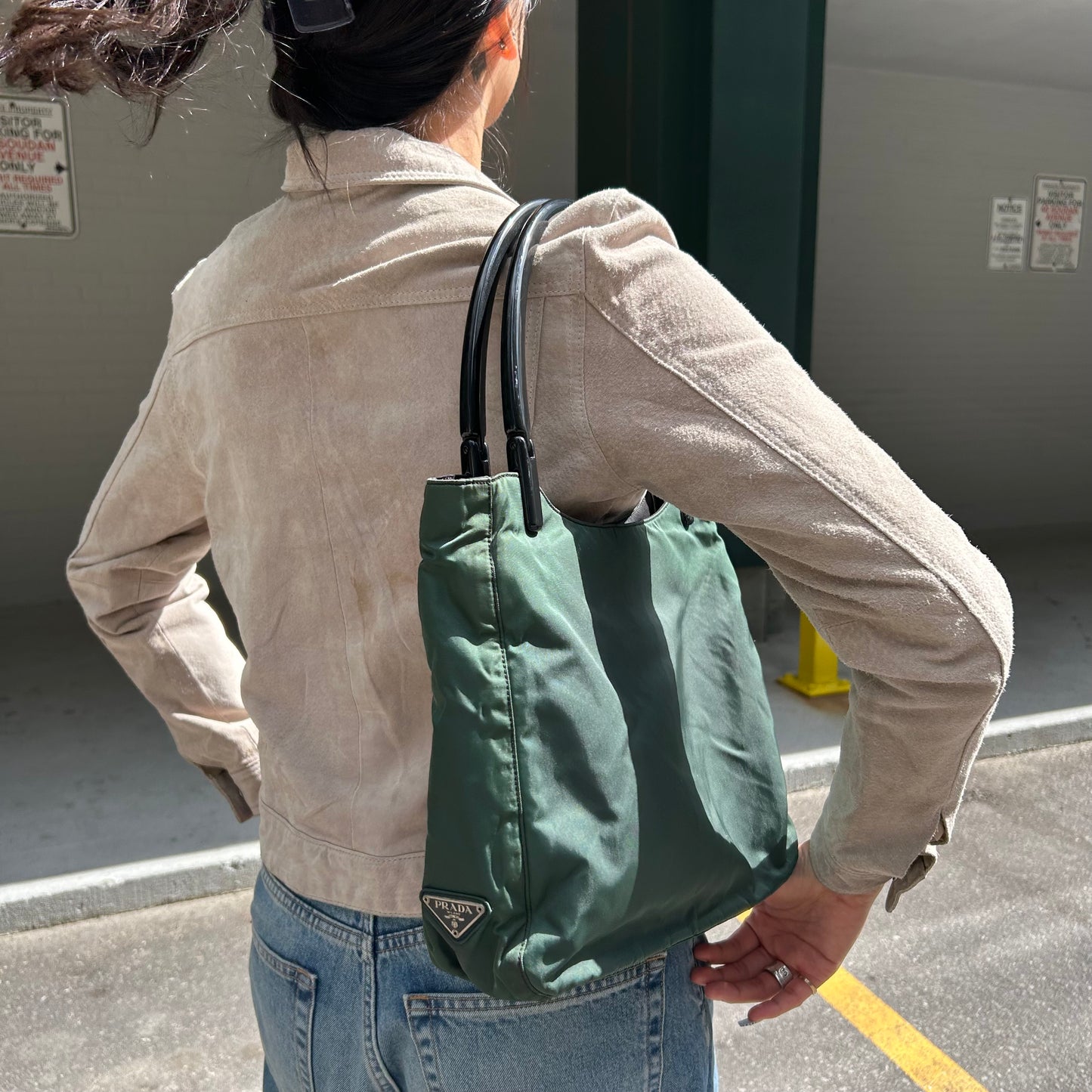 Green Prada Nylon Tote with Acrylic Handles