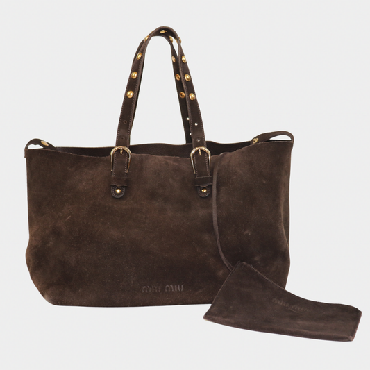Miu Miu Brown Suede Studded Tote Bag
