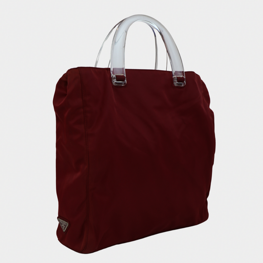 Prada Nylon Acrylic Handle Red Tote