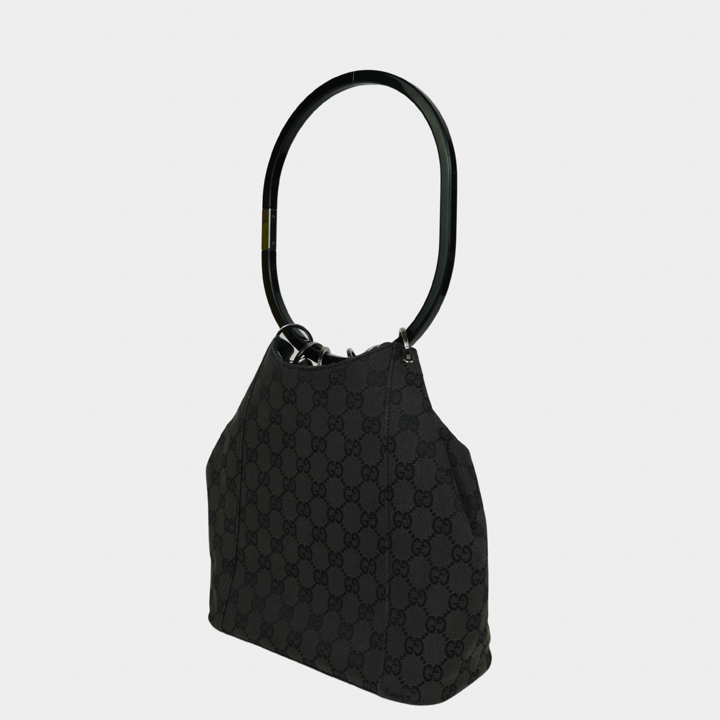 Gucci F/W 1999 Tom Ford Black Hoop Handle Canvas Monogram Bucket Bag