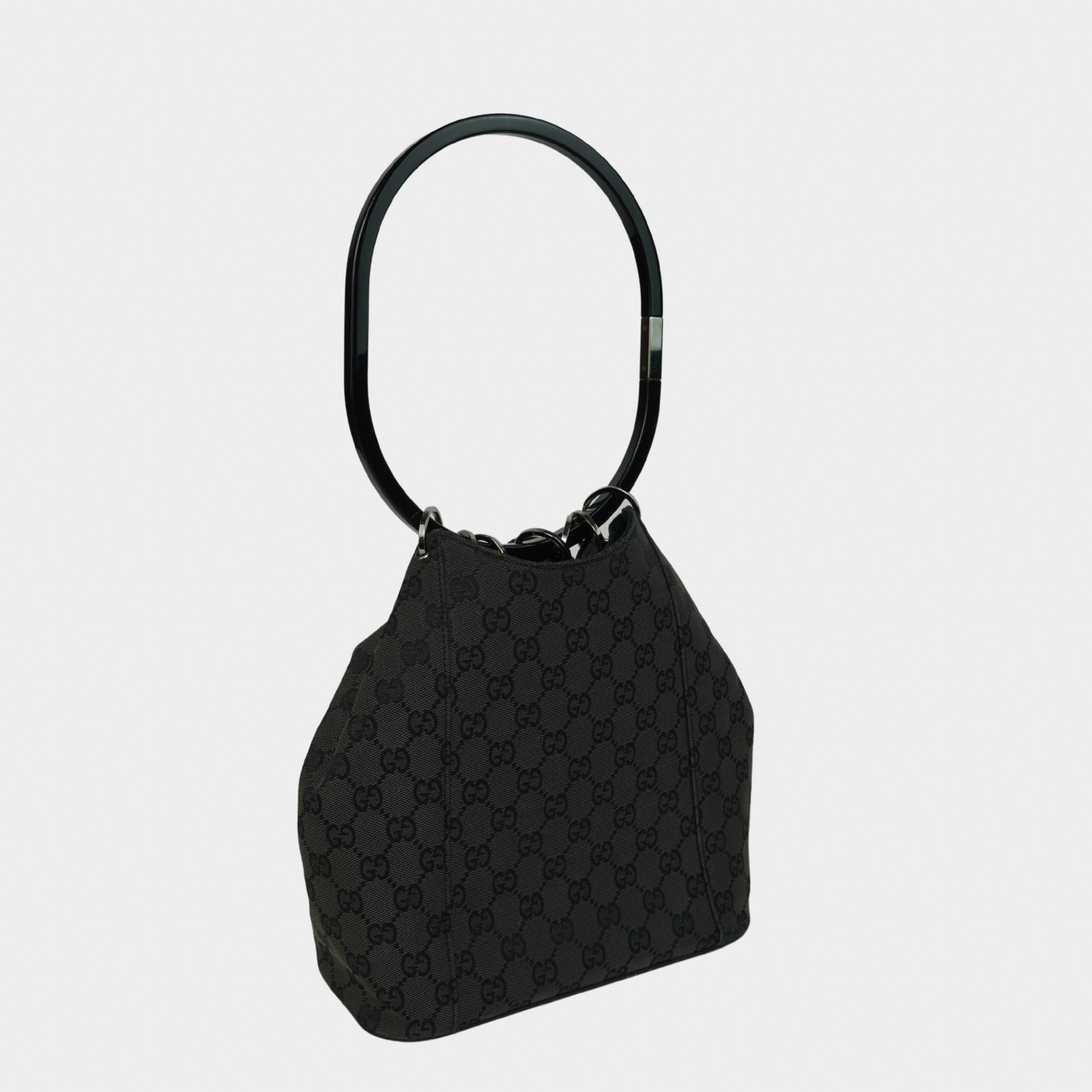 Gucci F/W 1999 Tom Ford Black Hoop Handle Canvas Monogram Bucket Bag