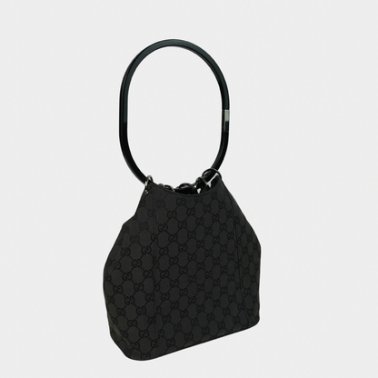 Gucci F/W 1999 Tom Ford Black Hoop Handle Canvas Monogram Bucket Bag
