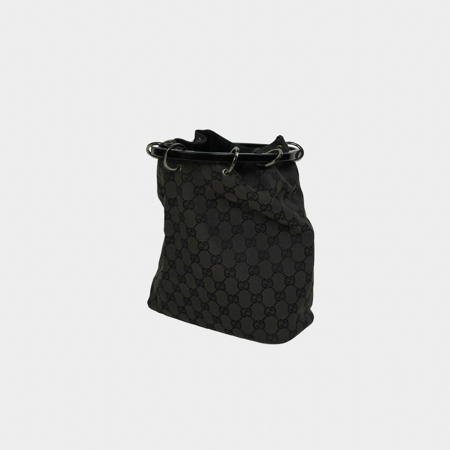 Gucci F/W 1999 Tom Ford Black Hoop Handle Canvas Monogram Bucket Bag
