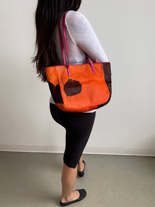 Orange Cow Print Pony Hair Tote Bag